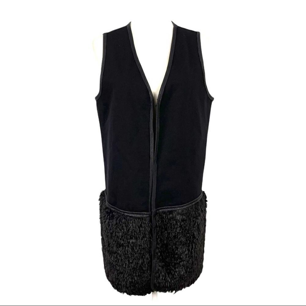 Max Studio Faux Fur Shearling Black Long Vest Duster Jacket Sleeveless Medium